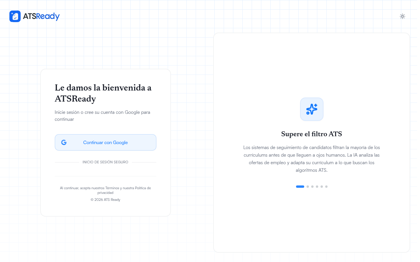 La pantalla de inicio de sesión de ATSReady, con un único botón Continuar con Google.