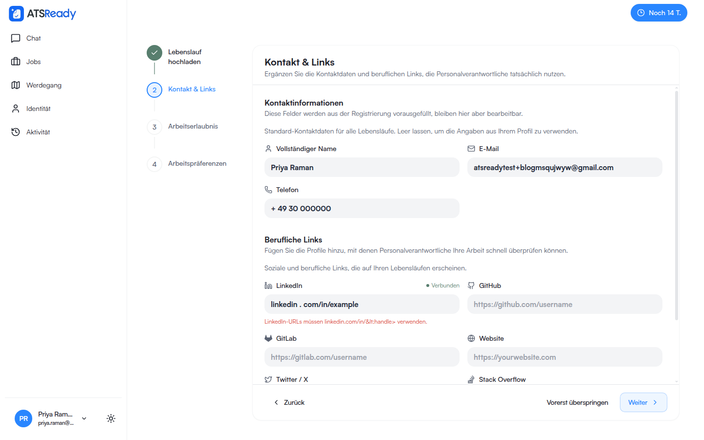 Der Schritt „Kontaktdaten und Links“ mit bereits ausgefüllten Feldern.